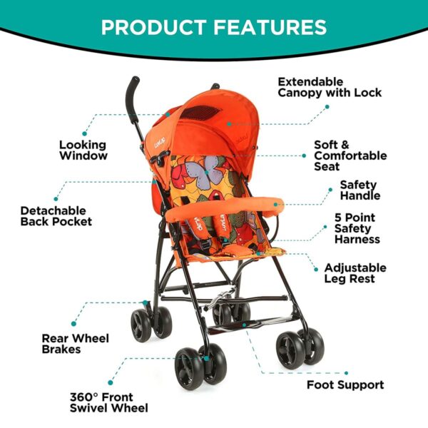 Luv Lap Tutti Fruitty Baby Stroller / Pram for 0 to 3 Years ,  New Born / Toddler / Kid ,  5 Point Safety Harness ,  Adjustable backrest ,  360? Swivel Wheel ,  Large storage basket ,  Reversible Handlebary (5639) - Image 3